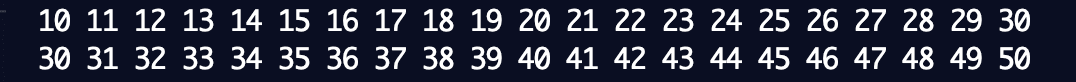 A photo of the numbers 10 to 50 logged out in a terminal window