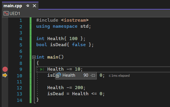 A screenshot of visual studio with breakpoints set