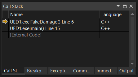 A screenshot of the call stack from the Visual Studio debugger