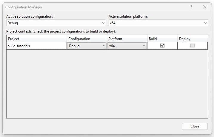 Screenshot showing the configuration manager in Visual Studio