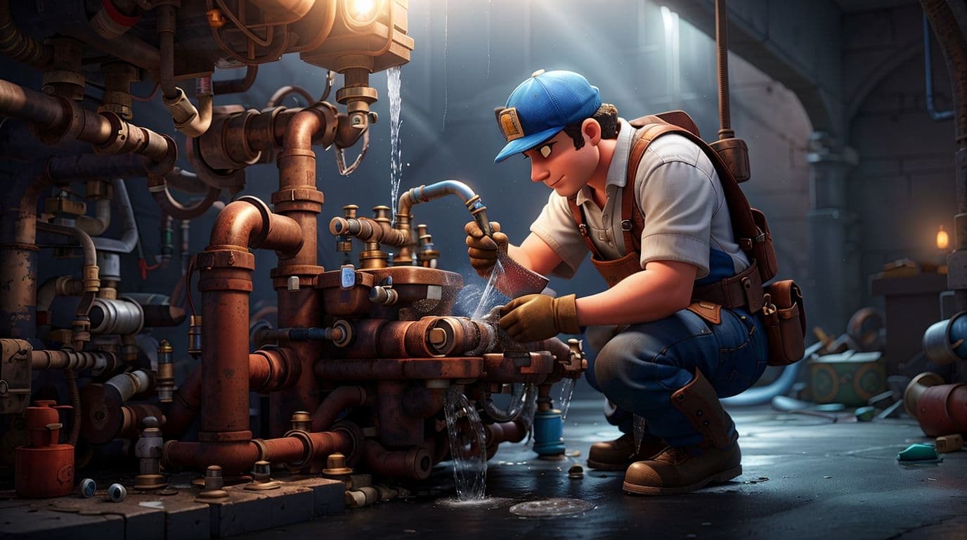 3D art showing a plumber repairing leaky pipes