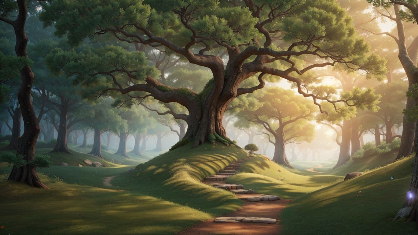 3D art showing a branching path in a forest