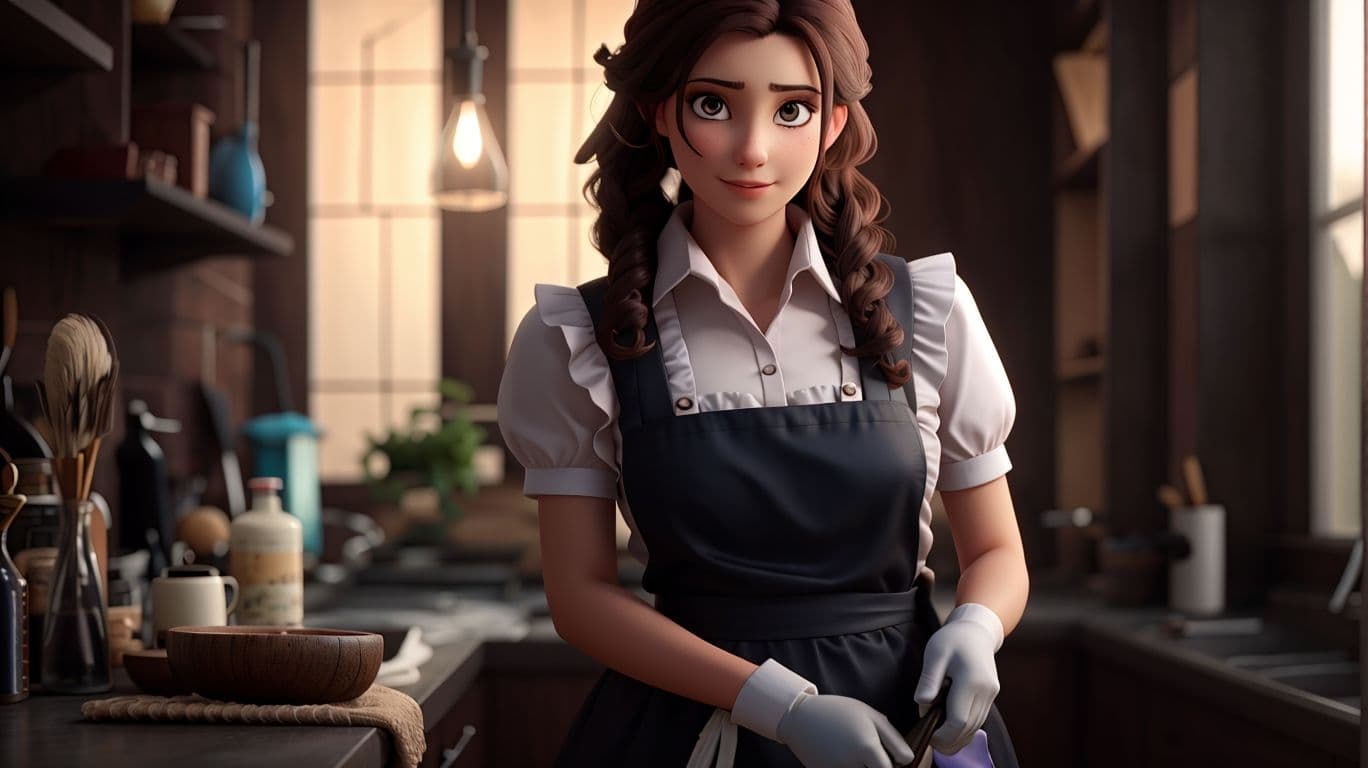 3D art showing a maid cleaning