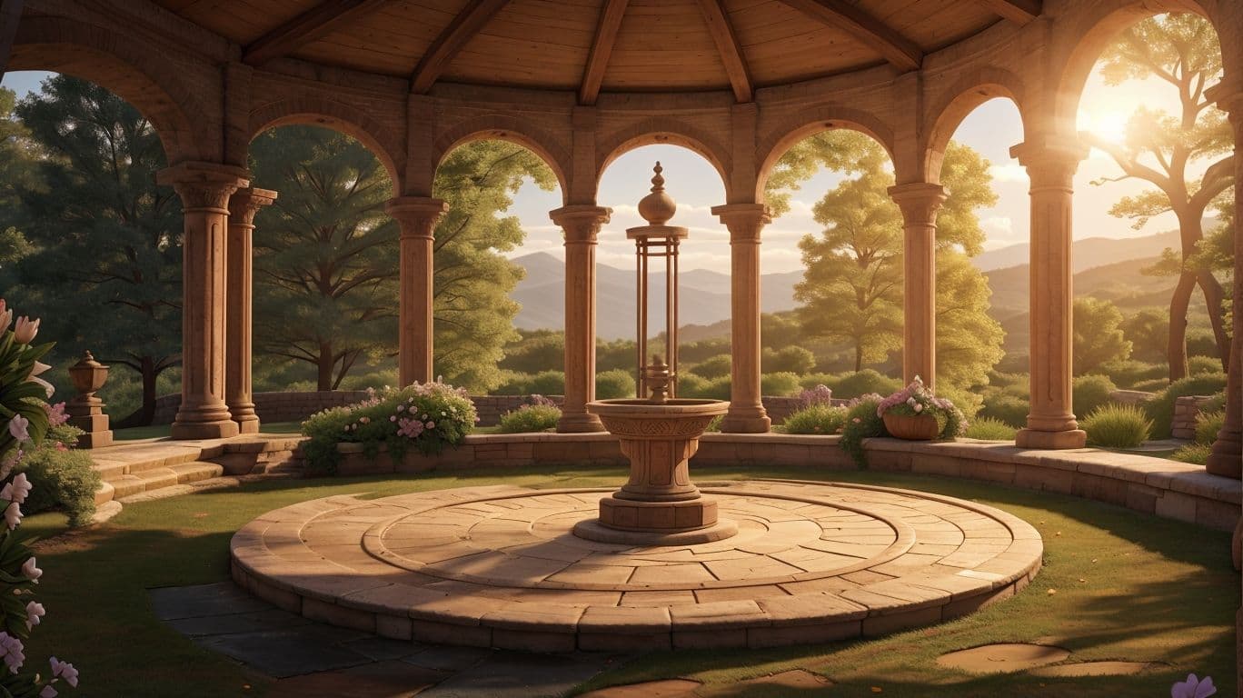 3D art showing a sundial in a fantasy environment