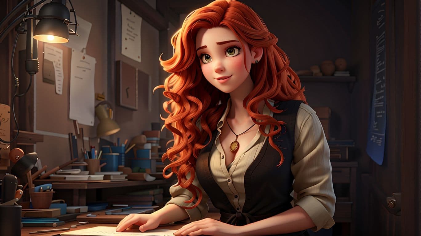 3D art showing a fantasy character working in an office