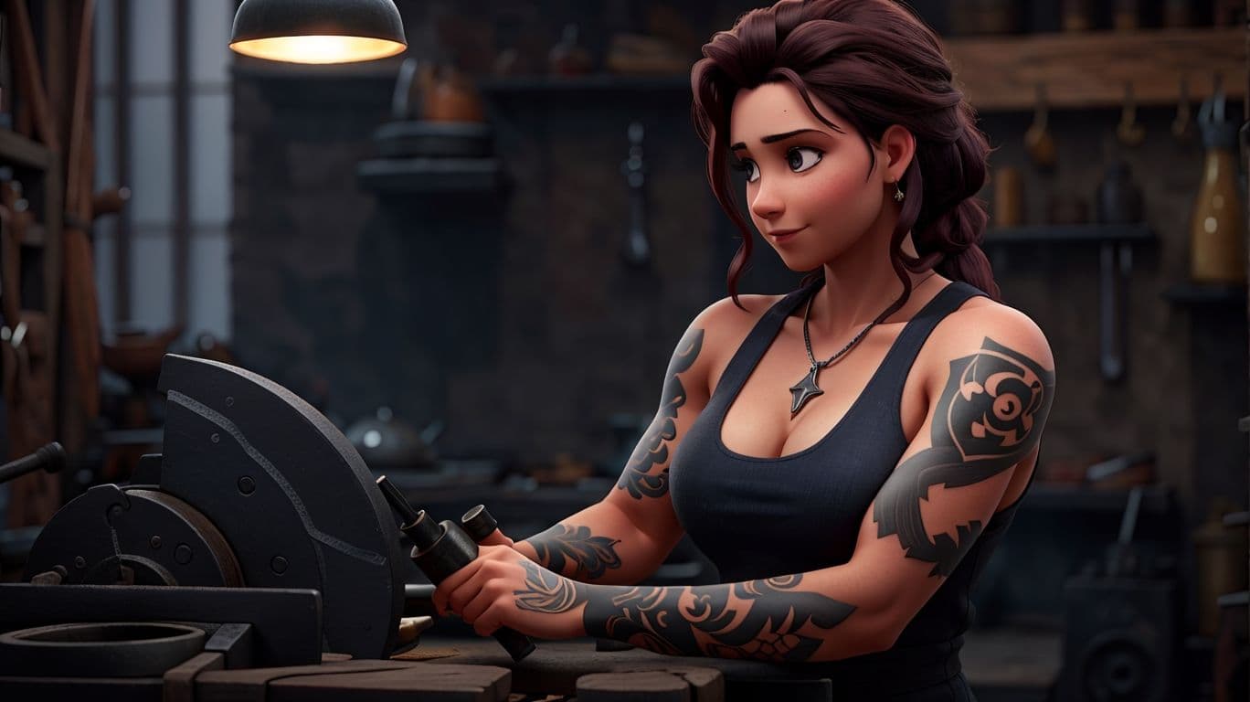 3D art showing a female blacksmith character