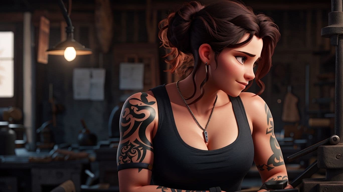 3D art showing a female blacksmith character