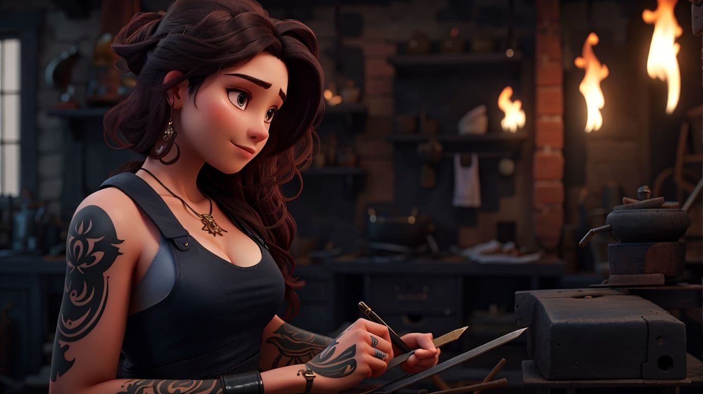 3D art showing a female blacksmith character
