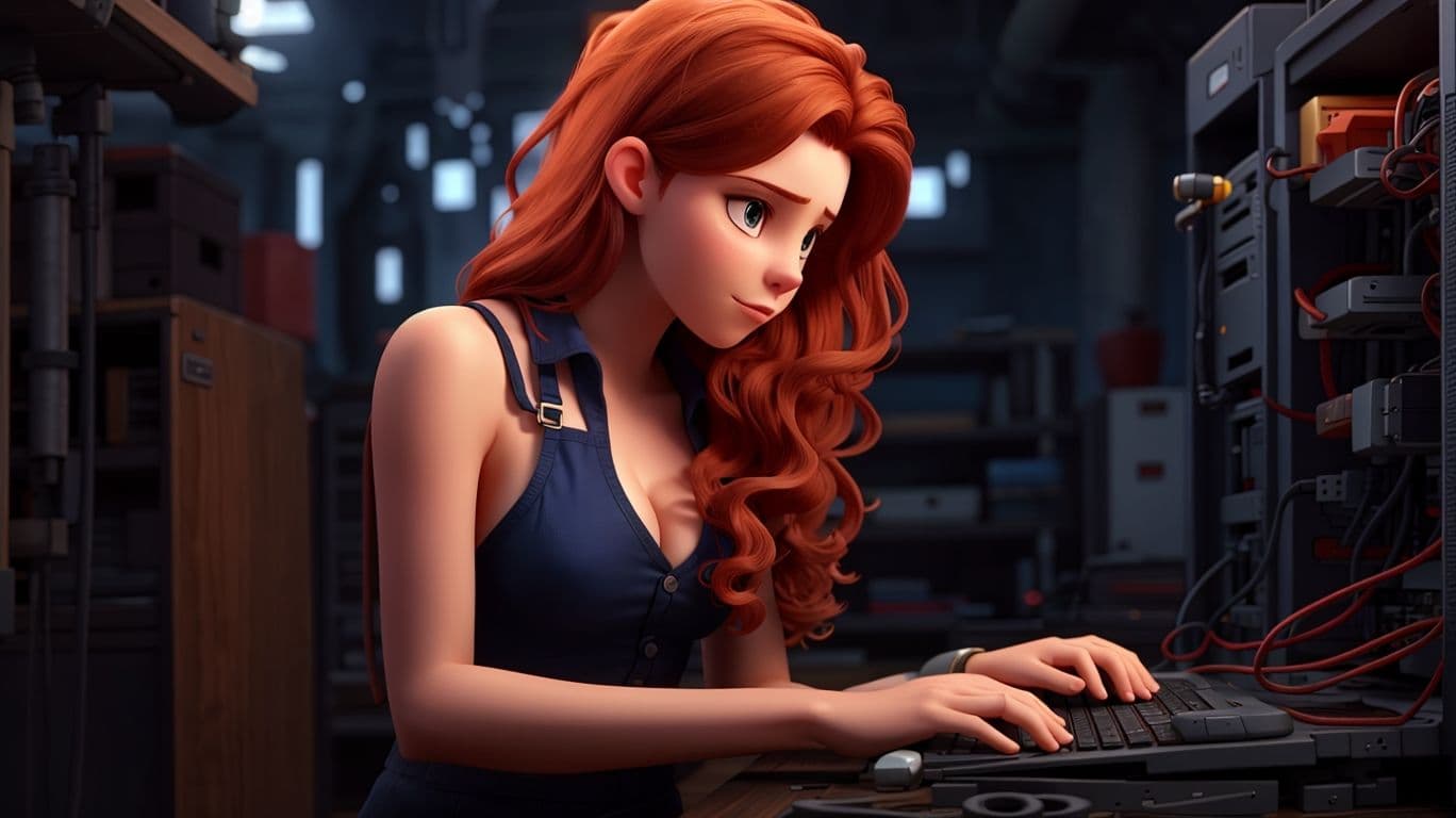 3D art showing a character repairing a computer