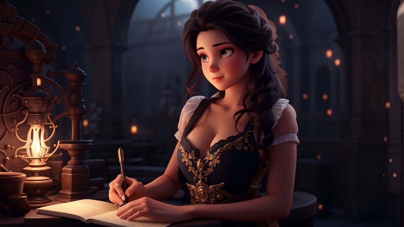 3D art showing a woman in a dark fantasy environment