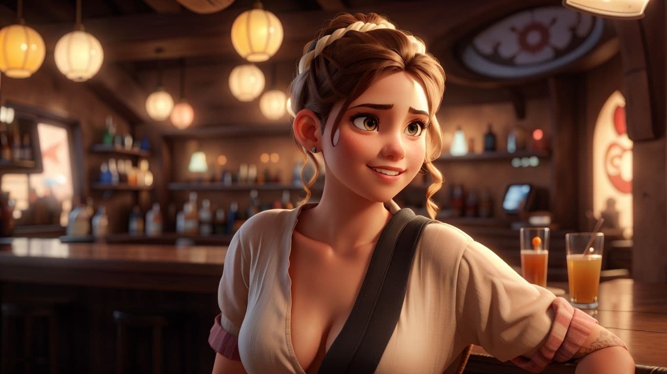3D art showing a character in a bar