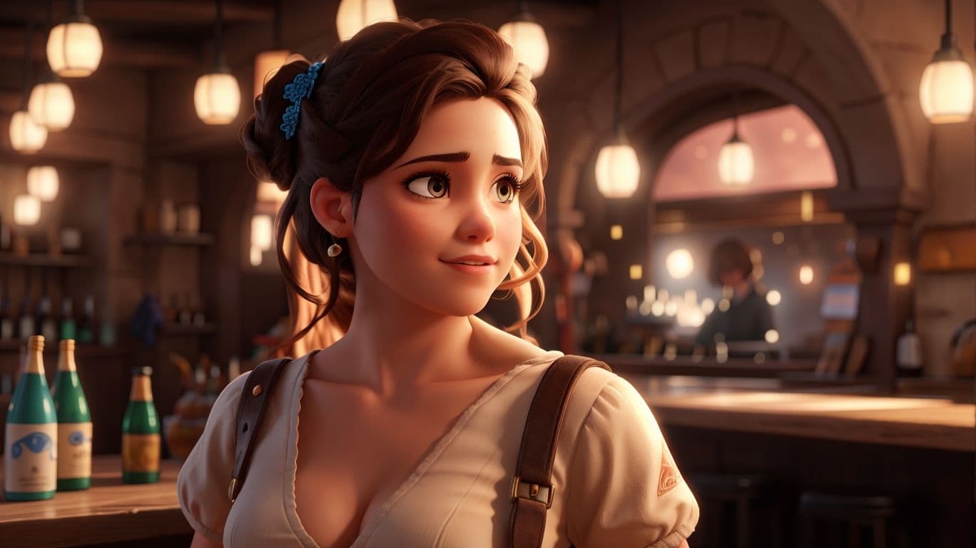 3D art showing a character in a bar