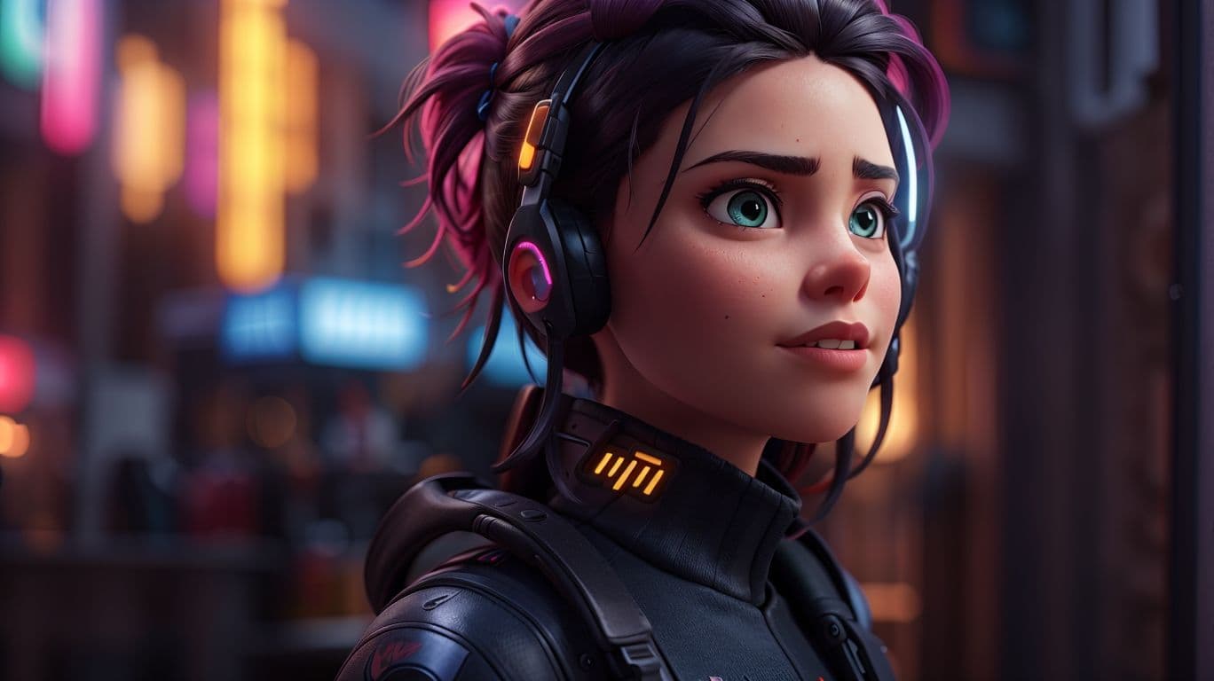 3D art showing a woman in a cyberpunk environment