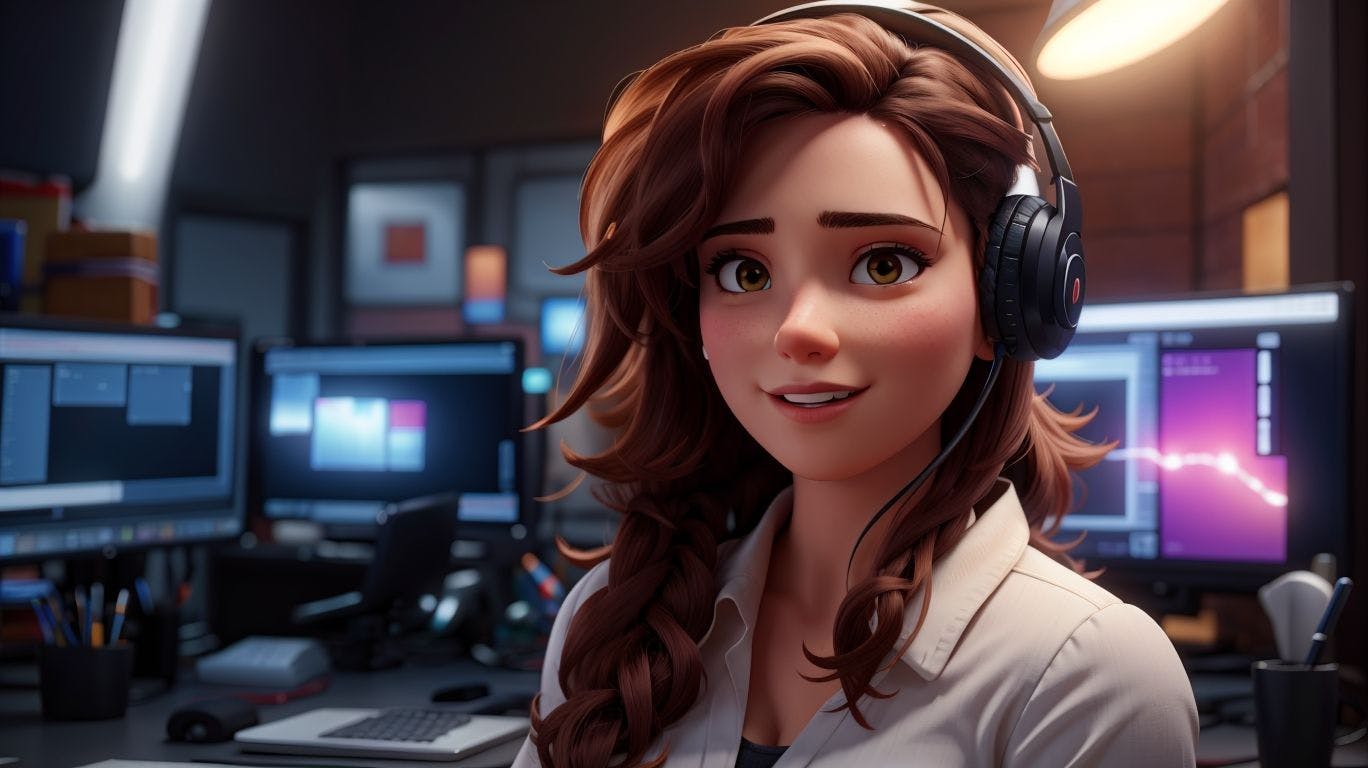 3D art of a character working in an office