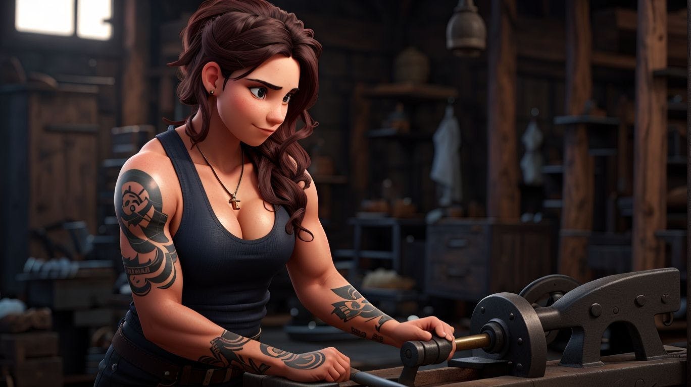 3D art showing a blacksmith character