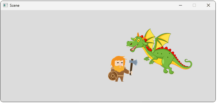 Screenshot showing our rendered scene with the dwarf moving closer to the dragon