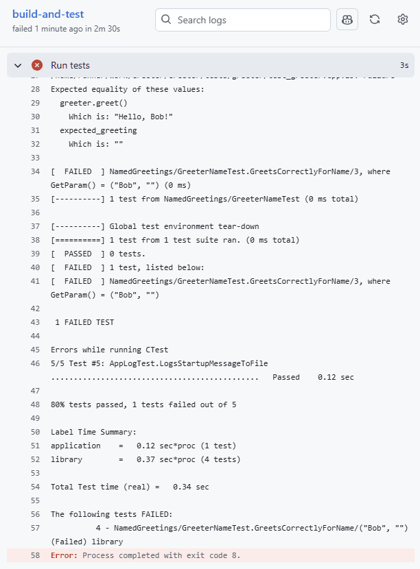 Screenshot of the log showing a test error