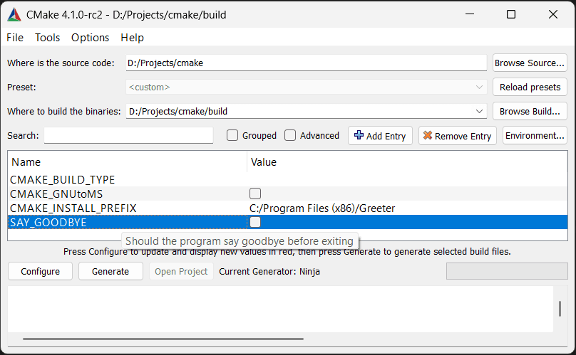 Screenshot showing the cmake-gui configuration options