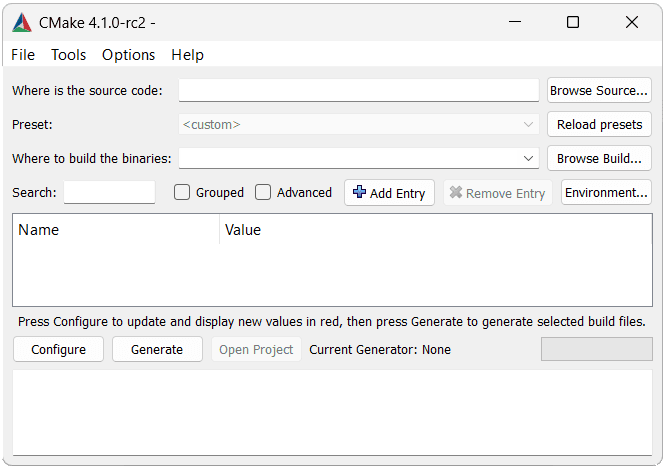 Screenshot showing the CMake GUI