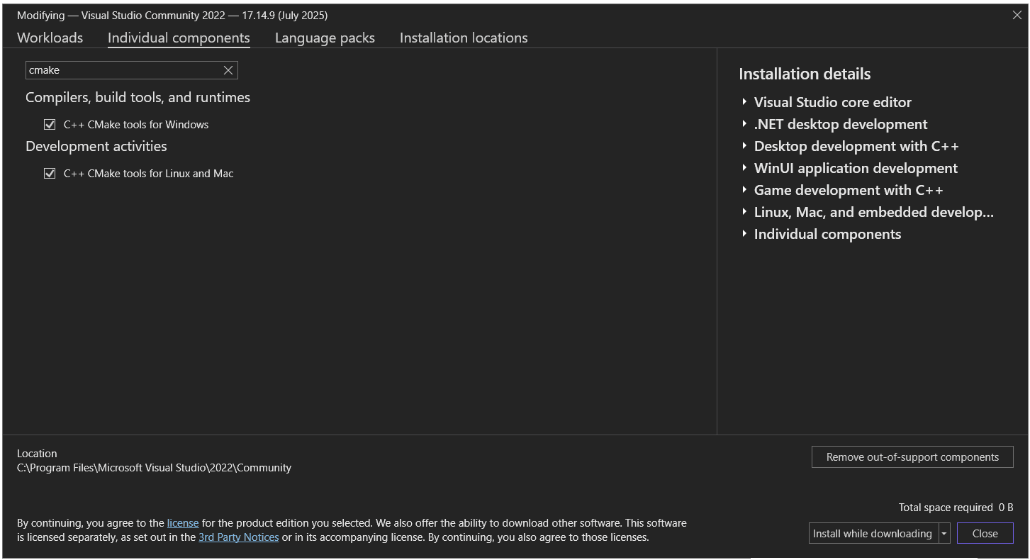 Screenshot showing CMake components in the Visual Studio Installer