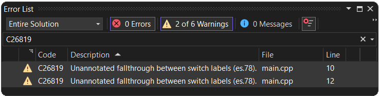 Screenshot of Visual Studio outputting compiler warnings