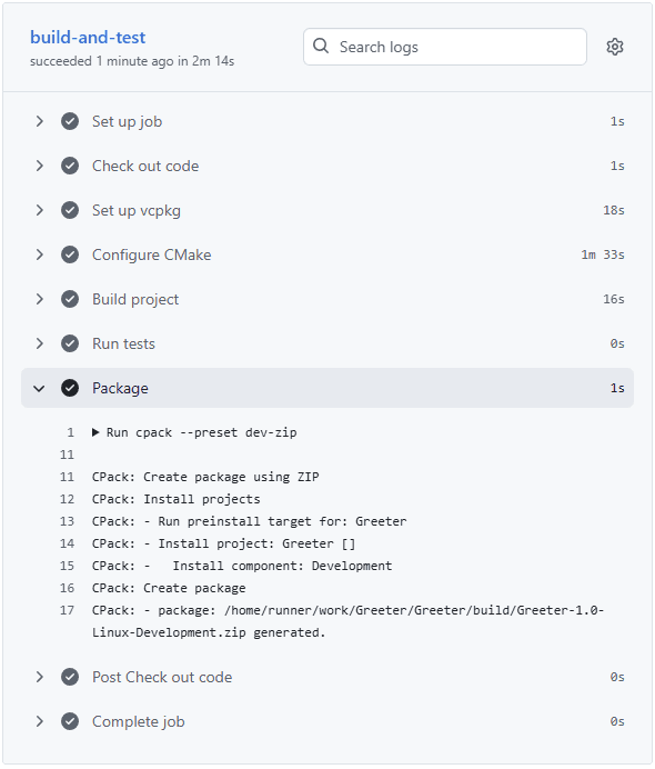 Screenshot of the CPack output in a GitHub Actions report
