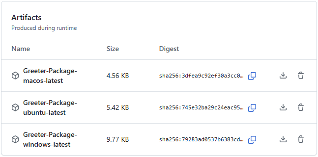 Screenshot showing the three generated packages