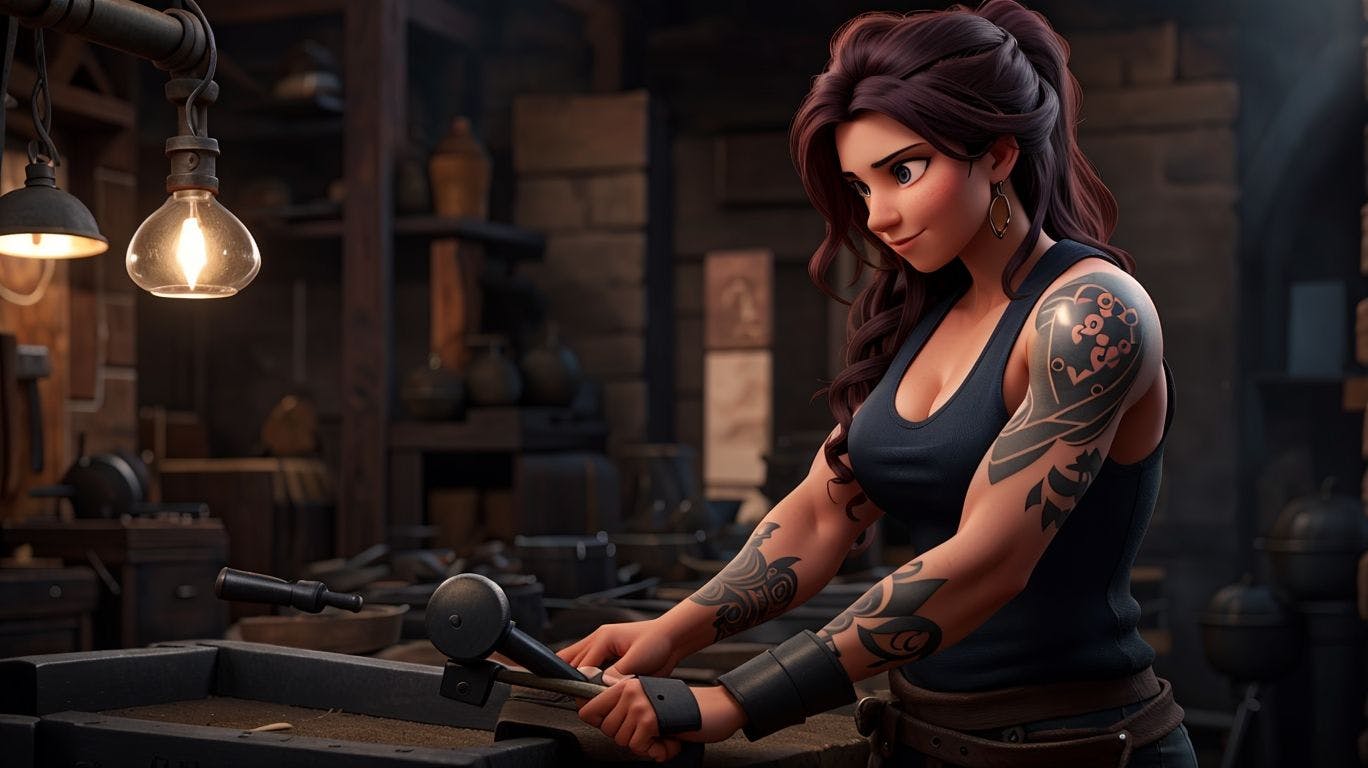 3D art showing a female blacksmith character