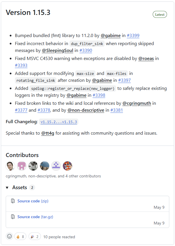 Screenshot showing an spdlog release