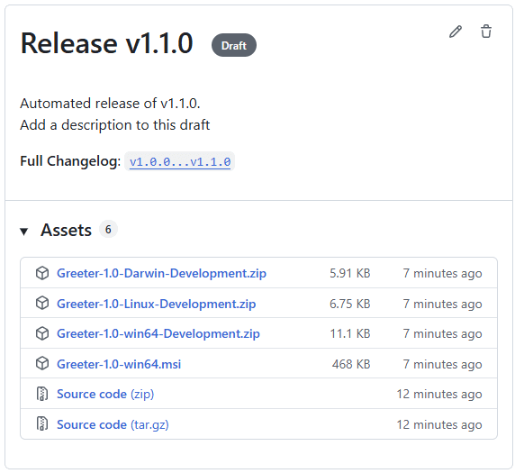 Screenshot showing an automatically generated draft release