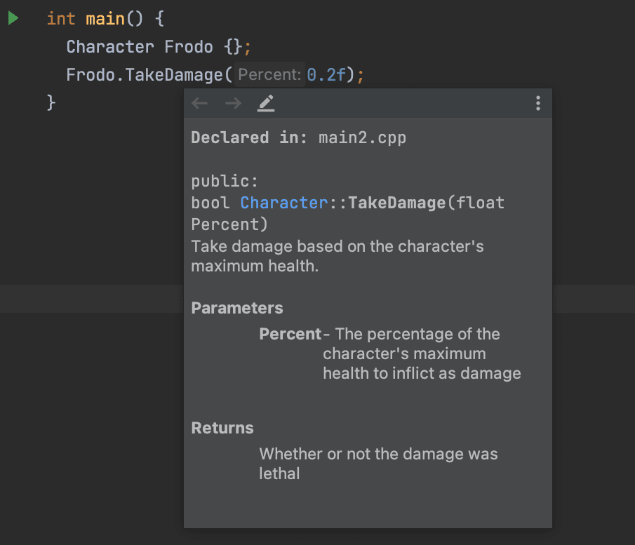 Intellisense showing a JavaDoc formatted comment