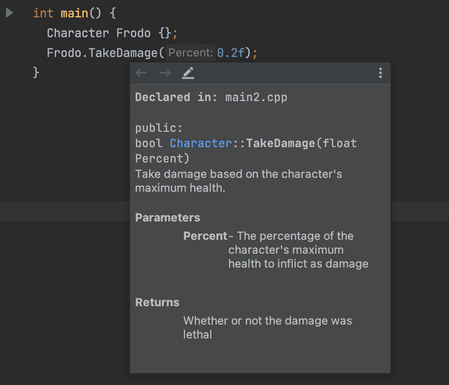 Intellisense showing a JavaDoc formatted comment