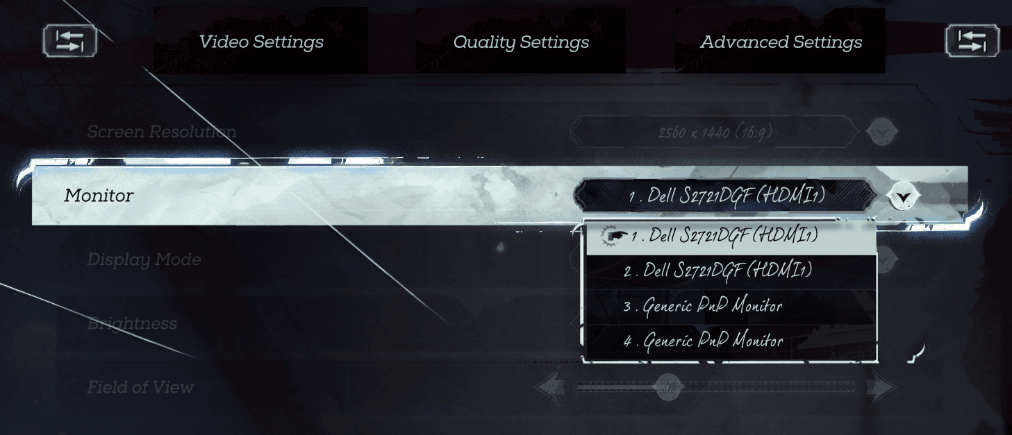 Screenshot of the Dishonored 2 options menu