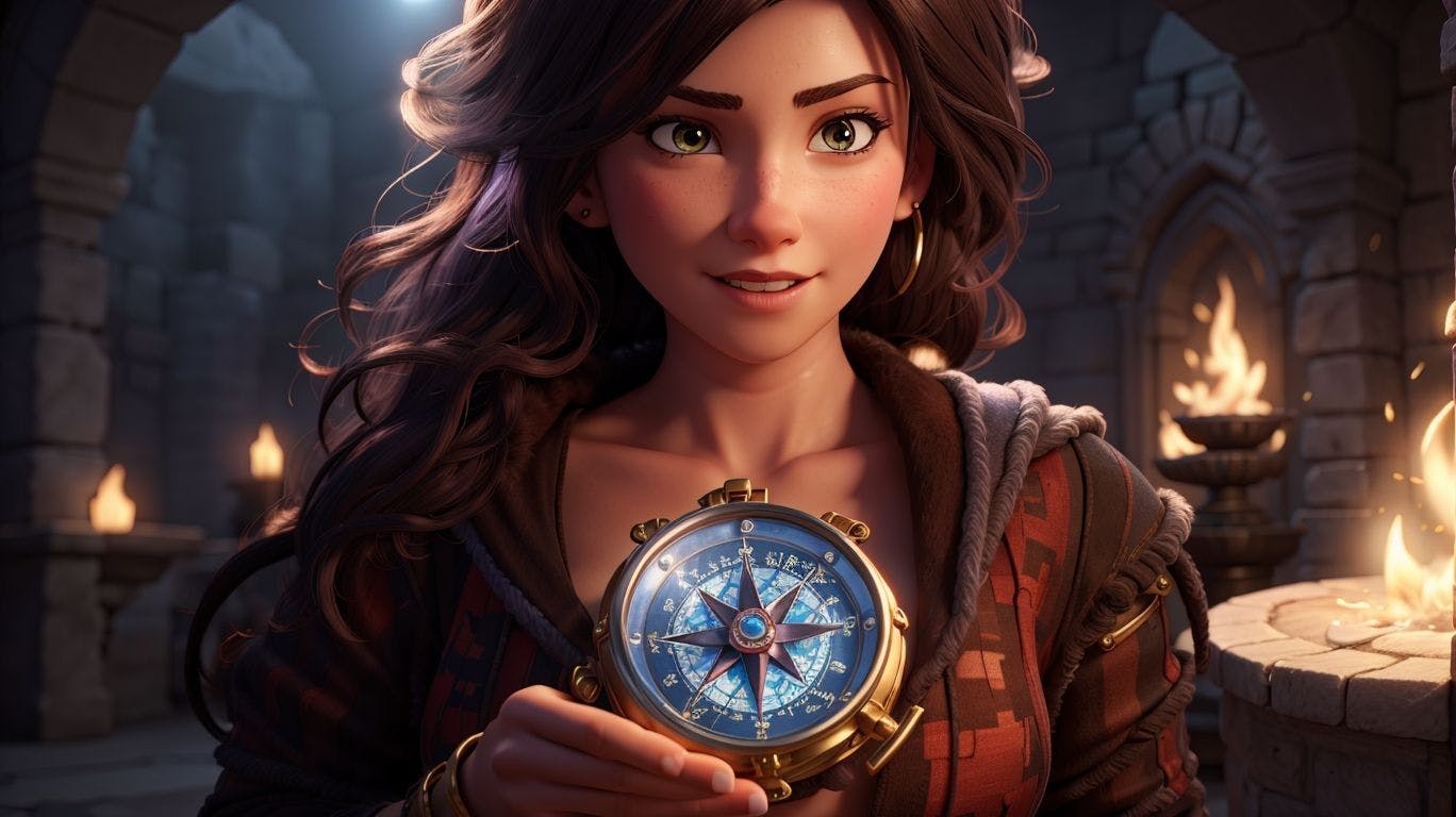 3D art showing a character using a compass