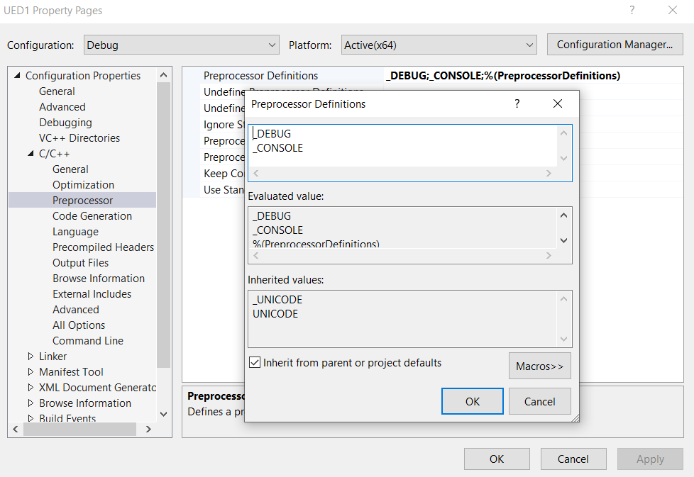 A screenshot showing the preprocessor settings in Visual Studio