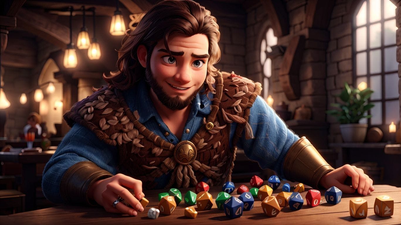 3D art showing a character playing with dice