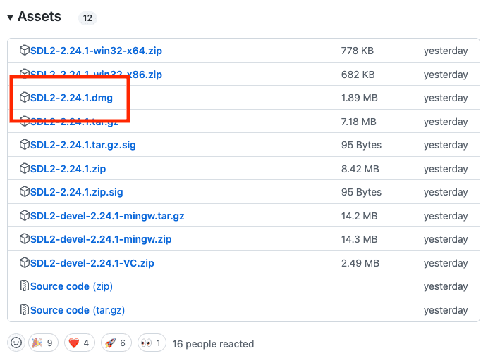 Screenshot of the SDL release page on GitHub