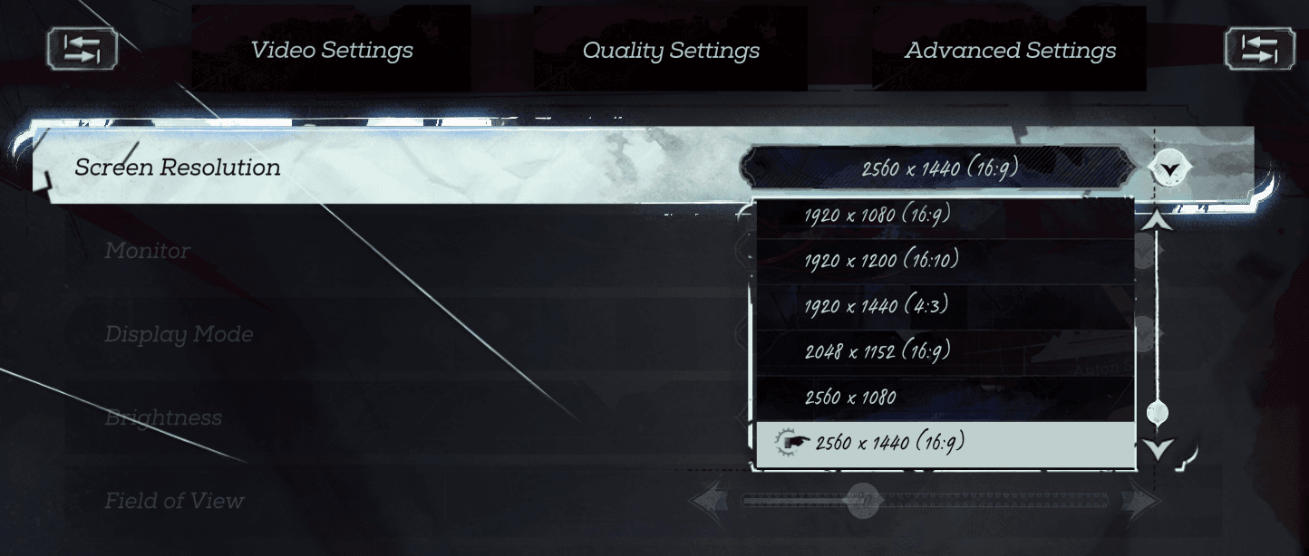 Screenshot of the Dishonored 2 options menu
