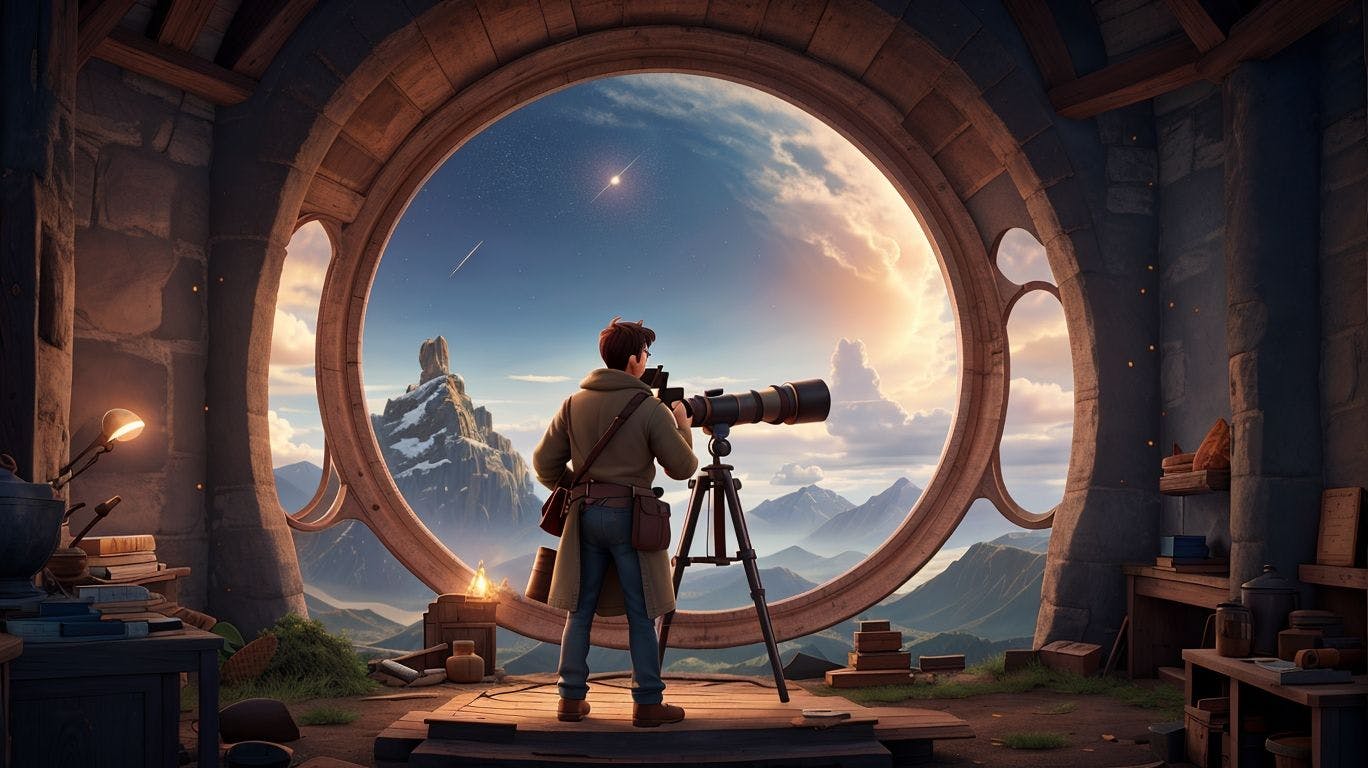 3D art of a man using a telescope