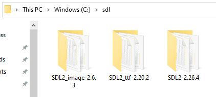 Screenshot showing the SDL libraries unzipped in Windows