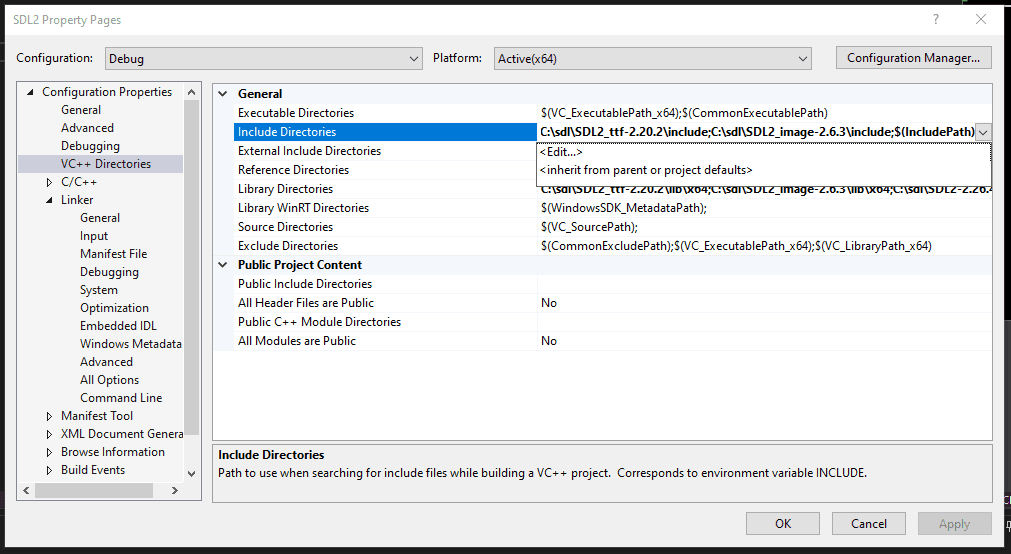 Screenshot showing the Include Directories configuration in Visual Studio