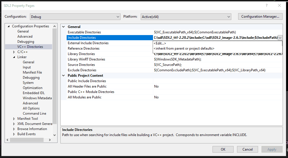 Screenshot showing the Include Directories configuration in Visual Studio