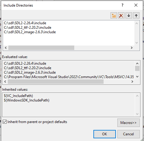 Screenshot showing the include directories we need to set