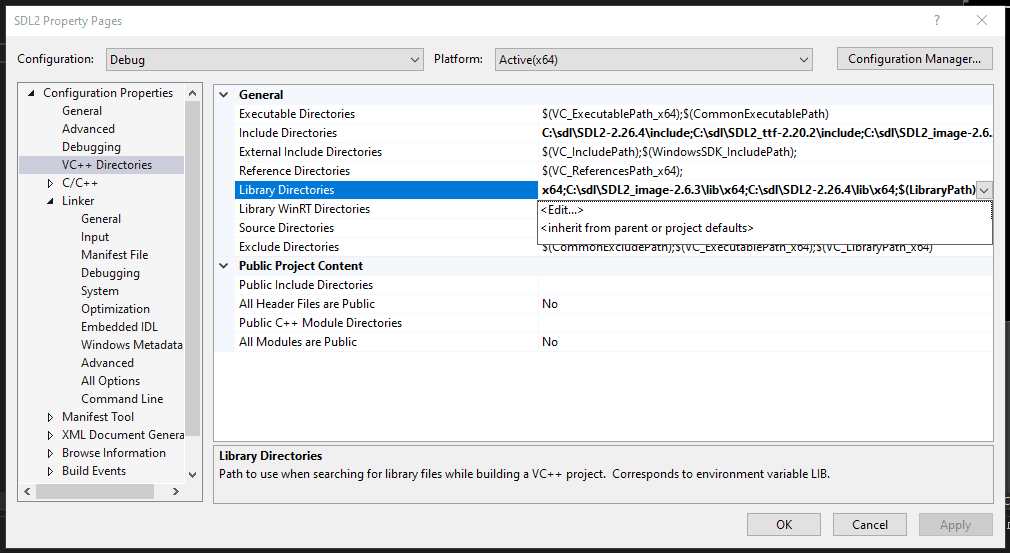 Screenshot showing the Library Directories in Visual Studio Project Settings