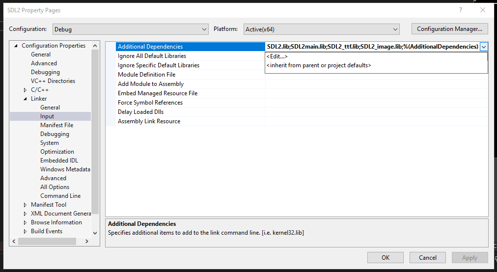 Screenshot showing the Additional Dependencies in Visual Studio project settings