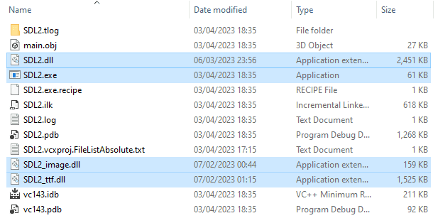 Screenshot showing the DLL files colocated with our executable file