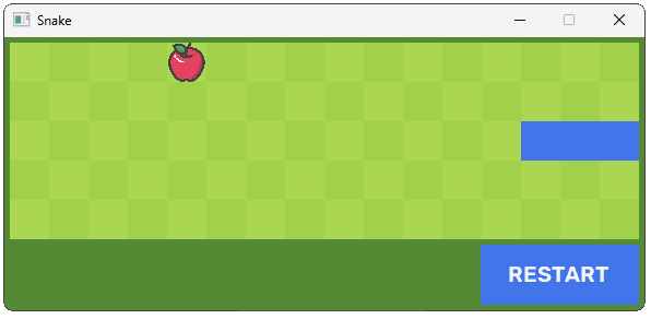 Screenshot showing the restart button highlighting after the snake collides with the border
