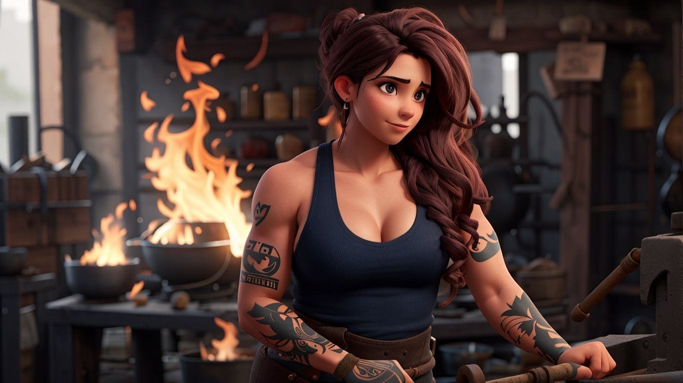 3D art showing a blacksmith character