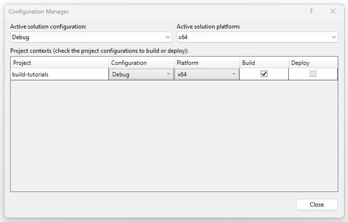 Screenshot showing the configuration manager in Visual Studio