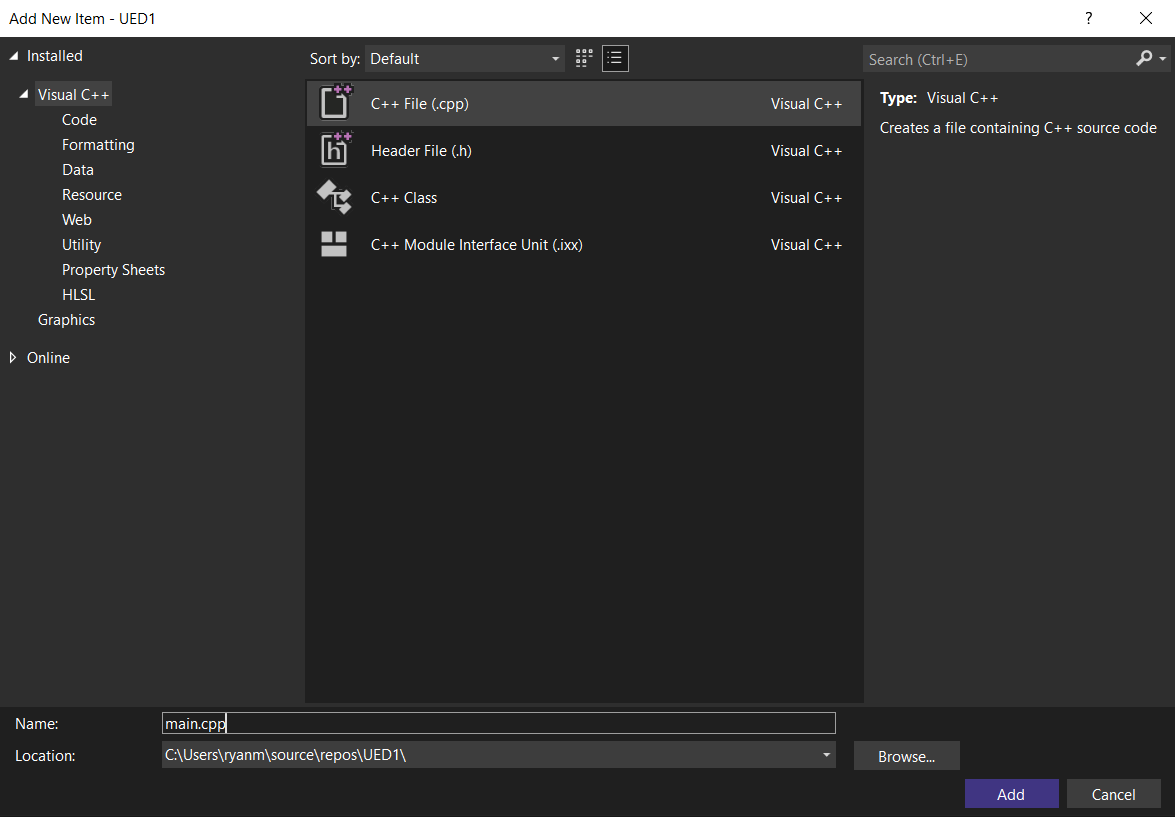 A screenshot of the Visual Studio window for creating a new file